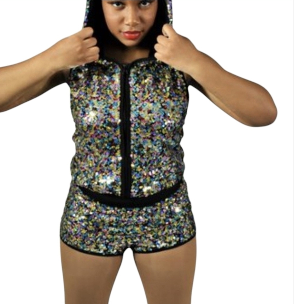 Theatricals Sequin Girl Costume Size M Black Multicolor Hood Colorful Romper *